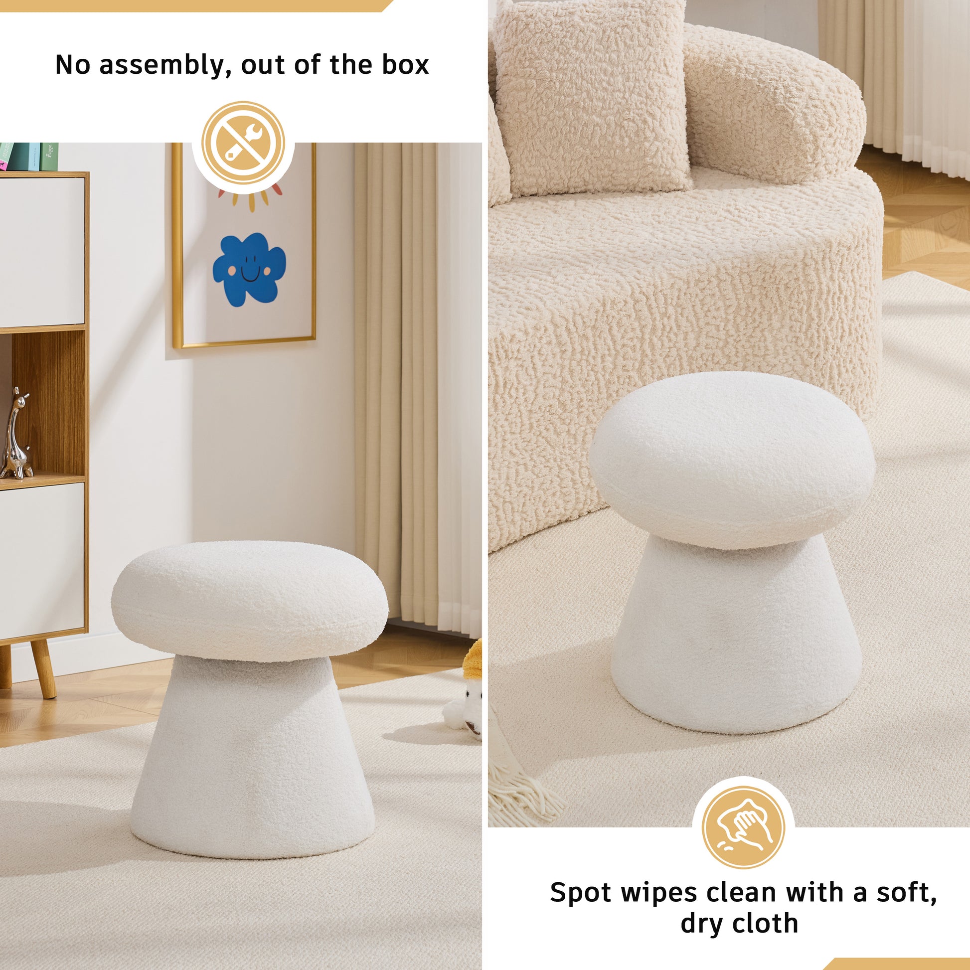 066-Teddy Fabric Soft-padded Footstool, Mushroom shaped Ottoman, Shoe-changing Stool, Makeup Stool,No Installation Required, Suitable For Bedrooms, Living Rooms, Powder Rooms Or Entrances, White image 7