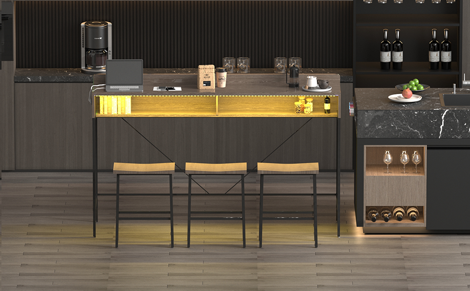 59 inch bar table, dining table, sofa table with power socket and LED light, 3 saddle stools, 4-piece bar table and chairs set for living room, dining room and kitchen image 8