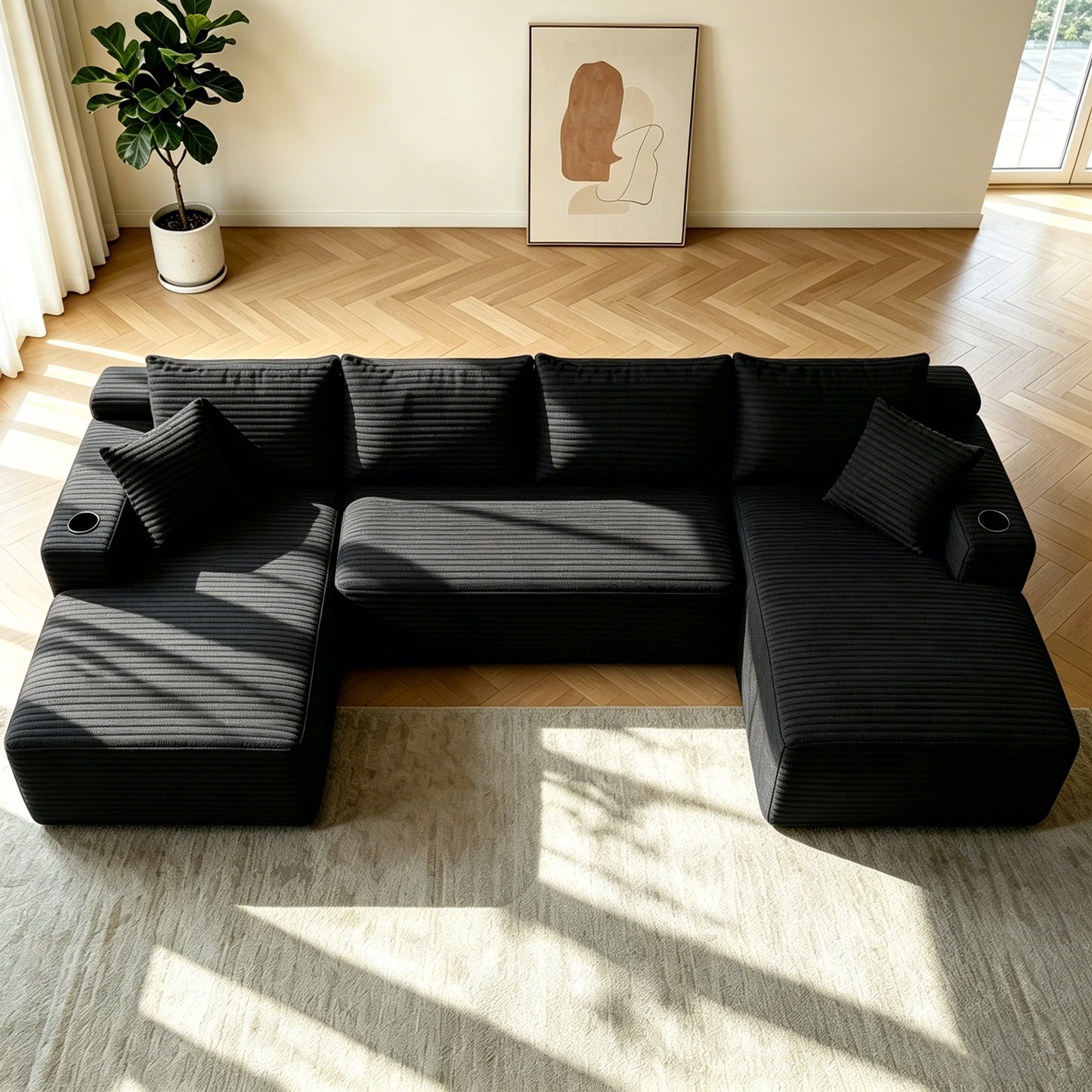 134" Cloud Sectional Sofa with U-Shape Chaise and Side Pockets and Cup holder, Modern Modular Design, Deep Seating, Upholstered Couch for Living Room/Bedroom, No Assembly Required (Plush)Black image 2