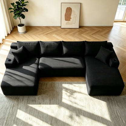 134" Cloud Sectional Sofa with U-Shape Chaise and Side Pockets and Cup holder, Modern Modular Design, Deep Seating, Upholstered Couch for Living Room/Bedroom, No Assembly Required (Plush)Black image 2