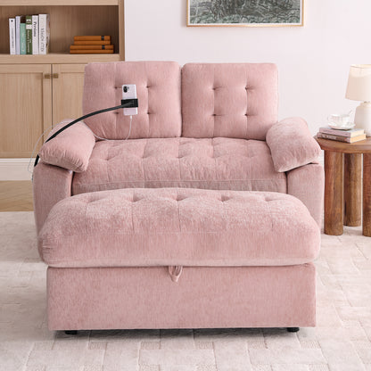 Leisure sofa chair,Double sofa recliner, with manually adjustable backrest, soft padded armrests, side USB charging port and phone stand, comes with a matching storage ottoman-Pink image 5