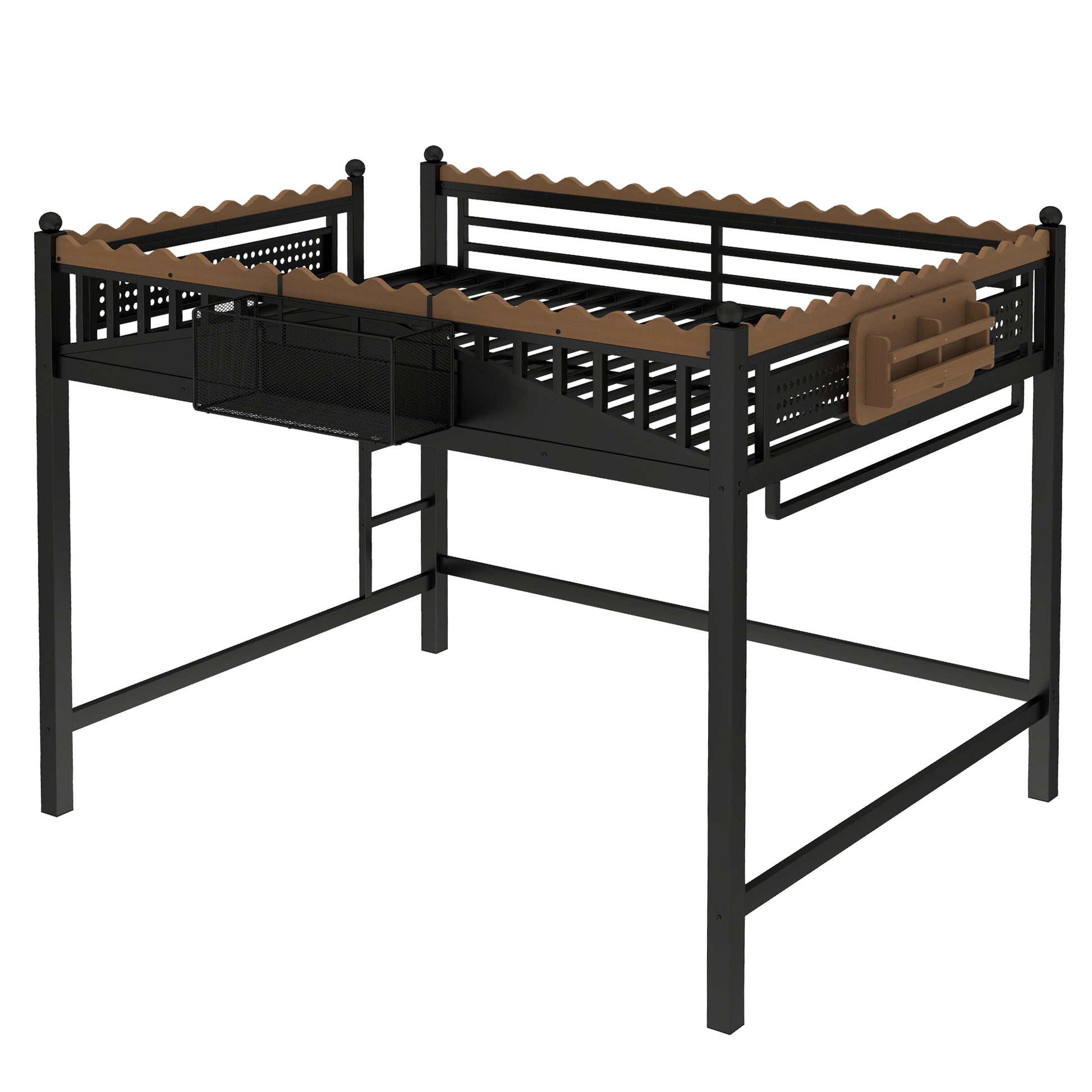 Queen Size Loft Bed with Ladders, Metal Loft Bed with Storage Shelves and bookshelf, No Box Spring Needed and Chic Design, Black image 5
