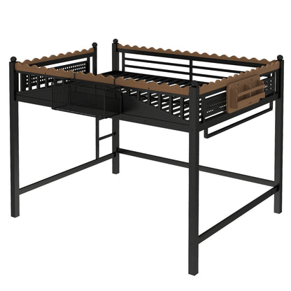 Queen Size Loft Bed with Ladders, Metal Loft Bed with Storage Shelves and bookshelf, No Box Spring Needed and Chic Design, Black image 5