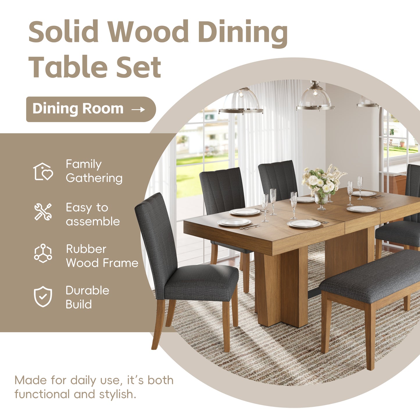 TOPMAX Farmhouse 78.1inch Extendable Wood Dining Table Set for 6, Kitchen Table Set with Bench and 4 Upholstered Chairs,3.8inch Thick Tabletop and Trestle Legs for Kitchen, Dining Room, Brown+Gray image 7
