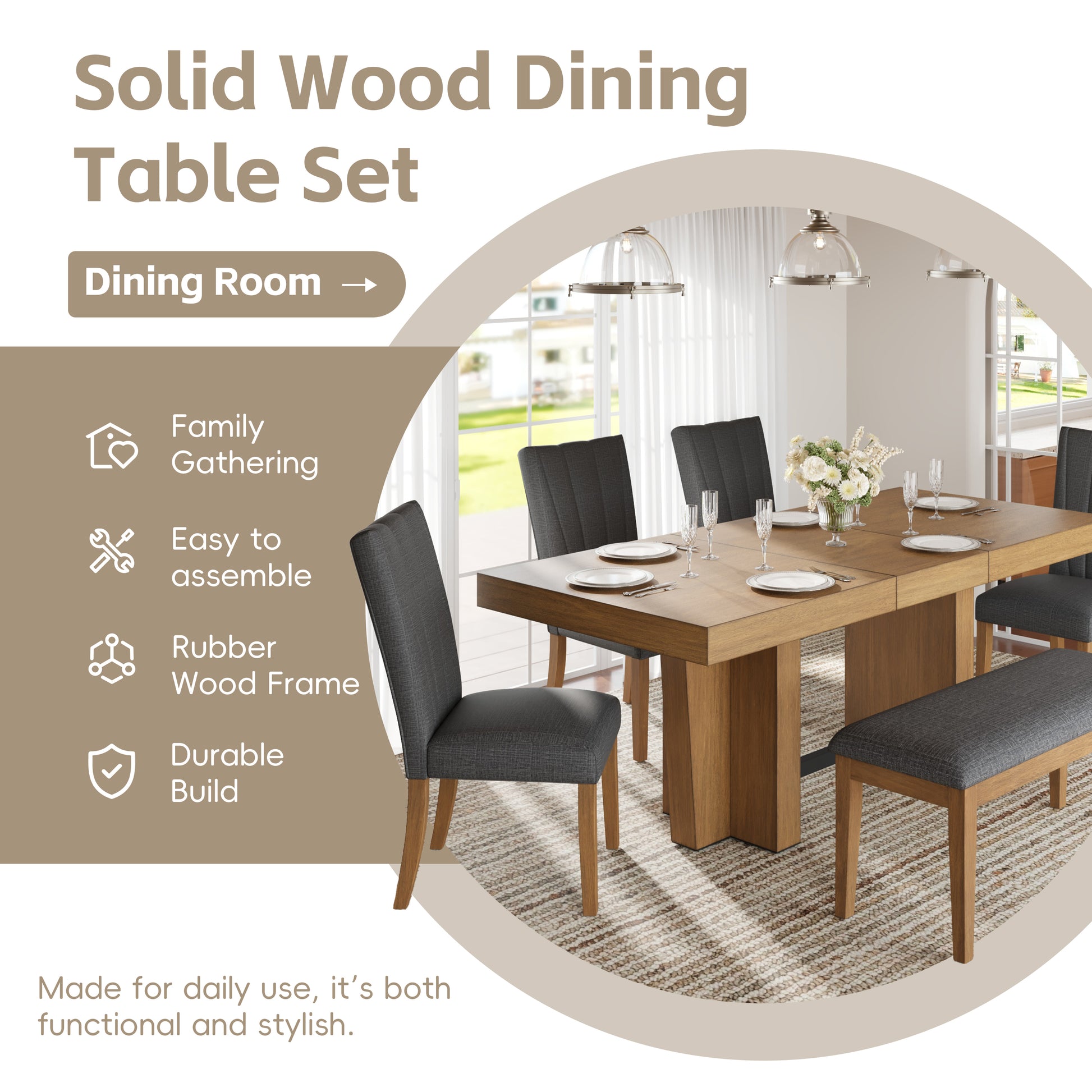 TOPMAX Farmhouse 78.1inch Extendable Wood Dining Table Set for 6, Kitchen Table Set with Bench and 4 Upholstered Chairs,3.8inch Thick Tabletop and Trestle Legs for Kitchen, Dining Room, Brown+Gray image 7