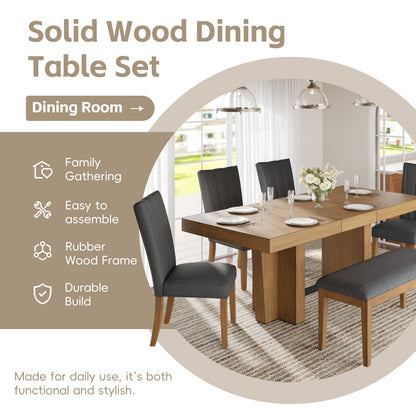 TOPMAX Farmhouse 78.1inch Extendable Wood Dining Table Set for 6, Kitchen Table Set with Bench and 4 Upholstered Chairs,3.8inch Thick Tabletop and Trestle Legs for Kitchen, Dining Room, Brown+Gray image 7