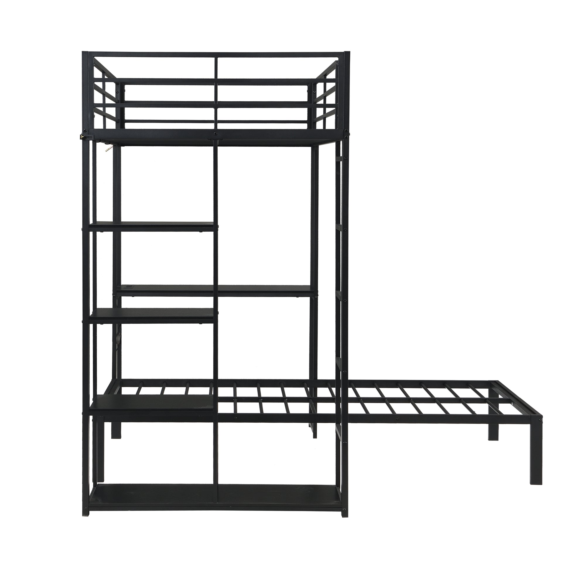 Metal Loft Bed Frame with LED Light Strip, Side Storage Shelves & Built-in Desk, TWIN/TWIN Size Metal Bunk Bed, Dorm, Apartment, Guest Room image 9