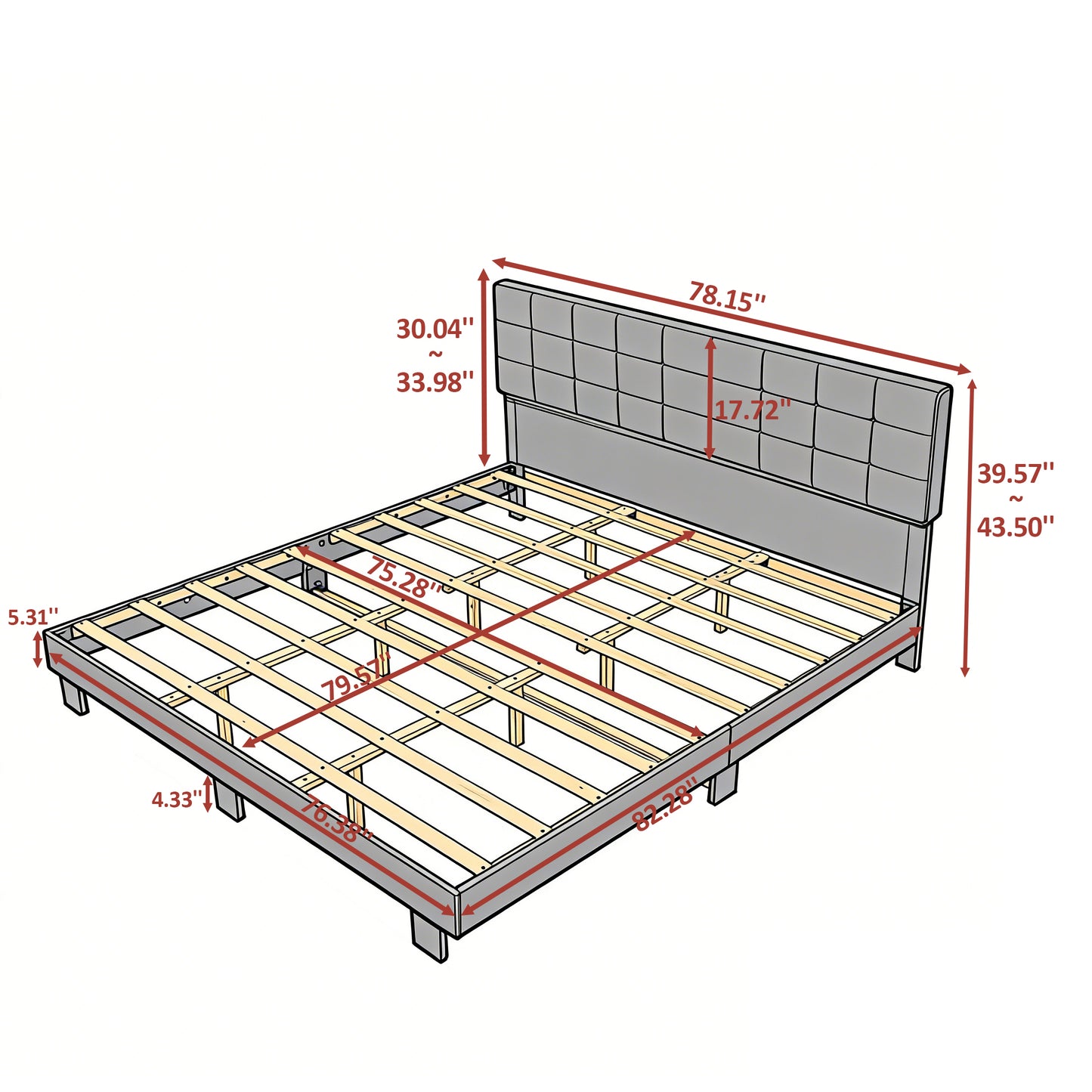 King Size Platform Bed Frame, Upholstered Tufted Headboard with Solid Wood Slats Support, Adjustable Height: 39.57～43.5 Inches, Dark Gray image 6