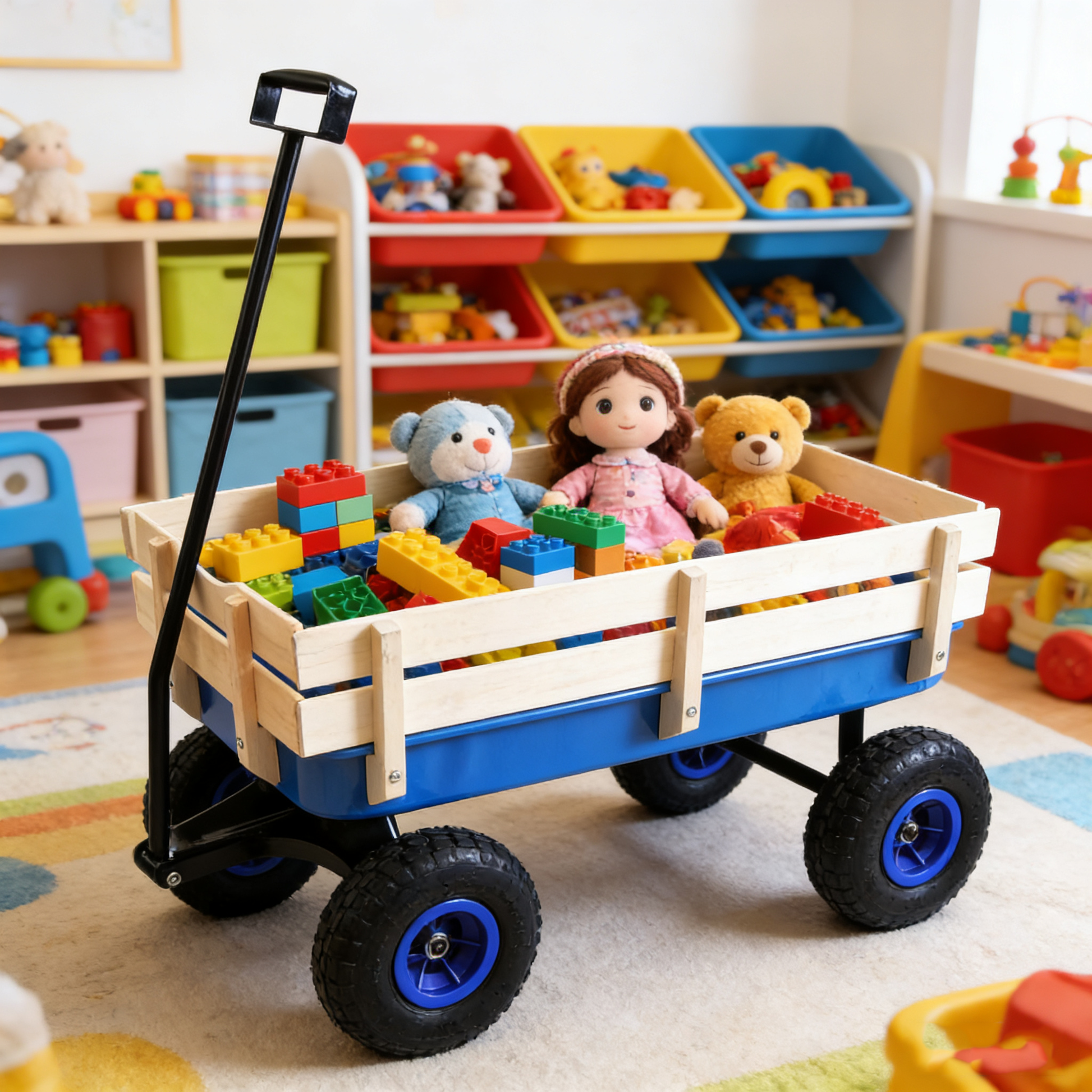 Outdoor Wagon All Terrain Pulling Wood Railing Air Tires Garden Cart image 1