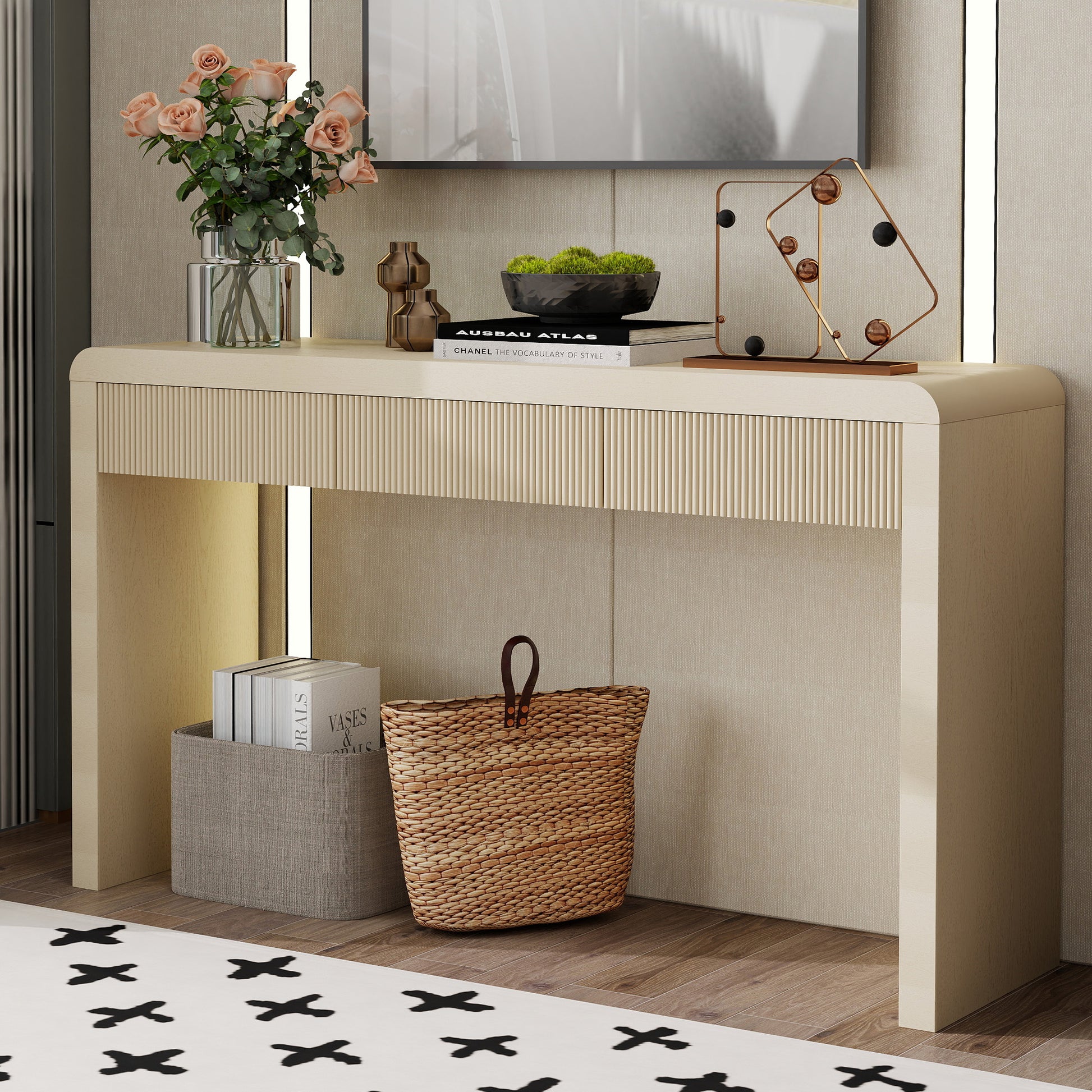 TREXM Rustic Console Table with 3 Fluted Drawers - Solid Wood Veneer Entryway Table Featuring Natural Wood Grain for Living Room, Hallway (Apricot) image 1