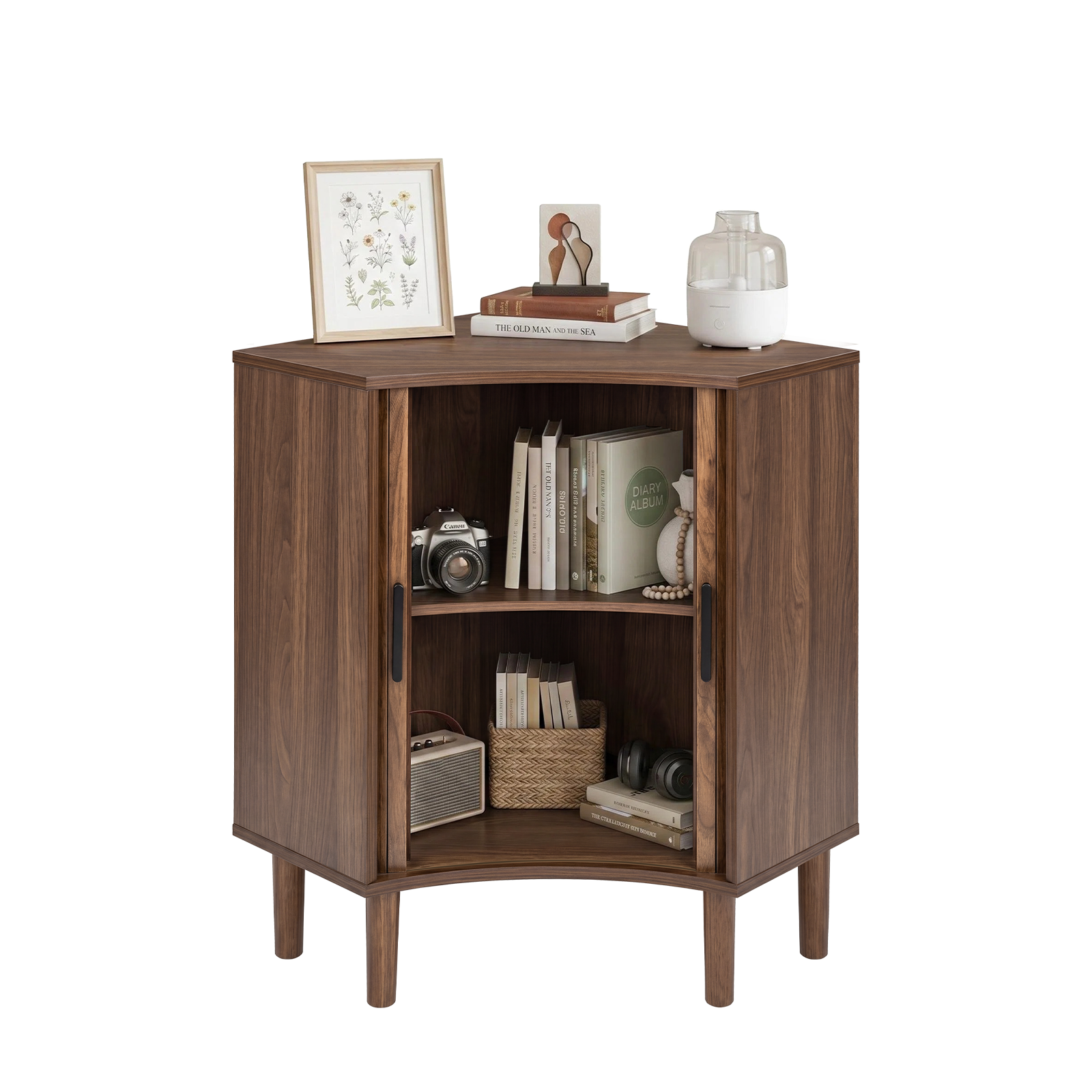 Fluted Corner Cabinet, Small Corner Floor Cabinet with Sliding Doors and Adjustable Shelves, Modern Wooden Freestanding Narrow Storage Cabinet for Small Space,Living Room,Dining Room,Bathroom, Walnut image 10