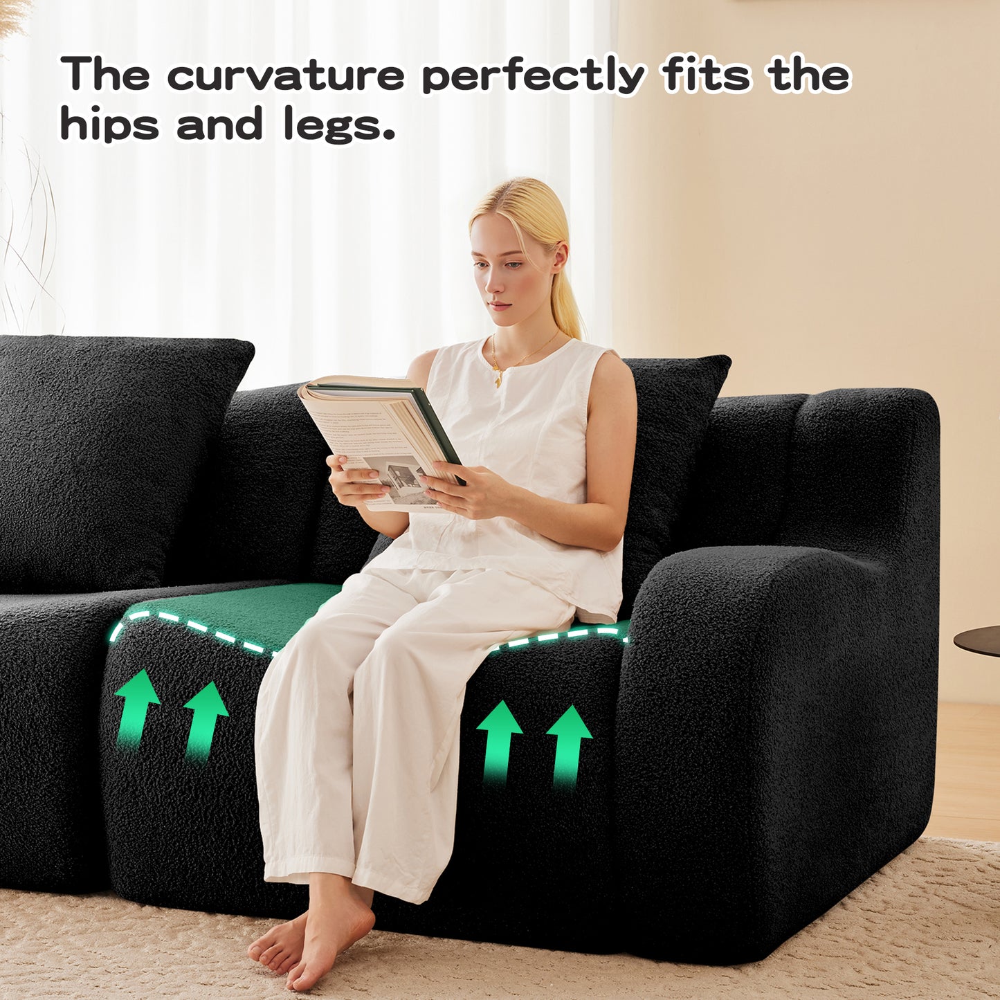 Boneless Sofa,3 Seat High-Quality Teddy Fabric,Anti-Slip Design,No Assembly Curved Armrests Streamlined,32D High Density Sponge For Living Rooms Bedrooms Reading Nook,Black image 6