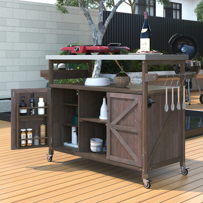 K&K Outdoor Kitchen Island, Rolling Bar Cart & Storage Cabinet, Farmhouse Solid Wood Outdoor Grill Table with Stainless Steel Top, Spice Rack, Towel Rack for Kitchen & Barbecue, Dark Brown image 1