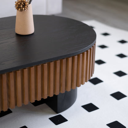 43.7" Oval Coffee Table With Hidden Storage, Fluted Modern Minimalist Wood Coffee Table for Living Room, Oval Center Table, Black + Walnut. image 11