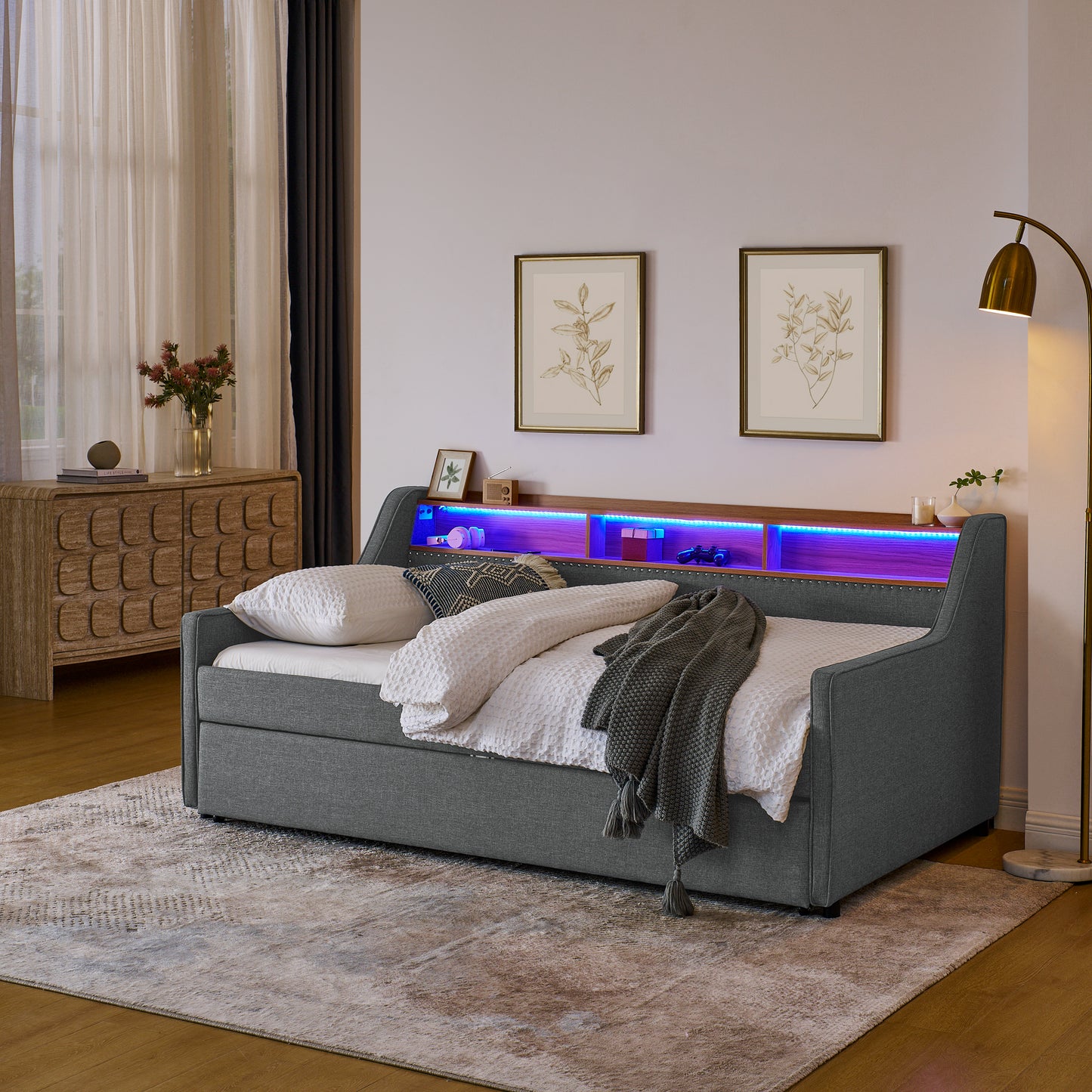 Twin Size Upholstery Sofa Bed with Three LED lights, with Storage Adjustable Headboard, with Foldable Leg Pull up Trundle Bed and Wireless Charging, Linen Padded Sofa Bed frame, Grey image 4