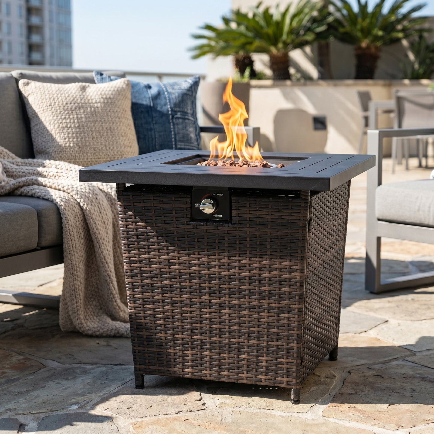 28" Propane Gas Fire Pit Table, 50000 BTU Square Steel Fire Pit with Beautiful Wicker Base for Outside Patio Deck Garden Backyard-Black image 1