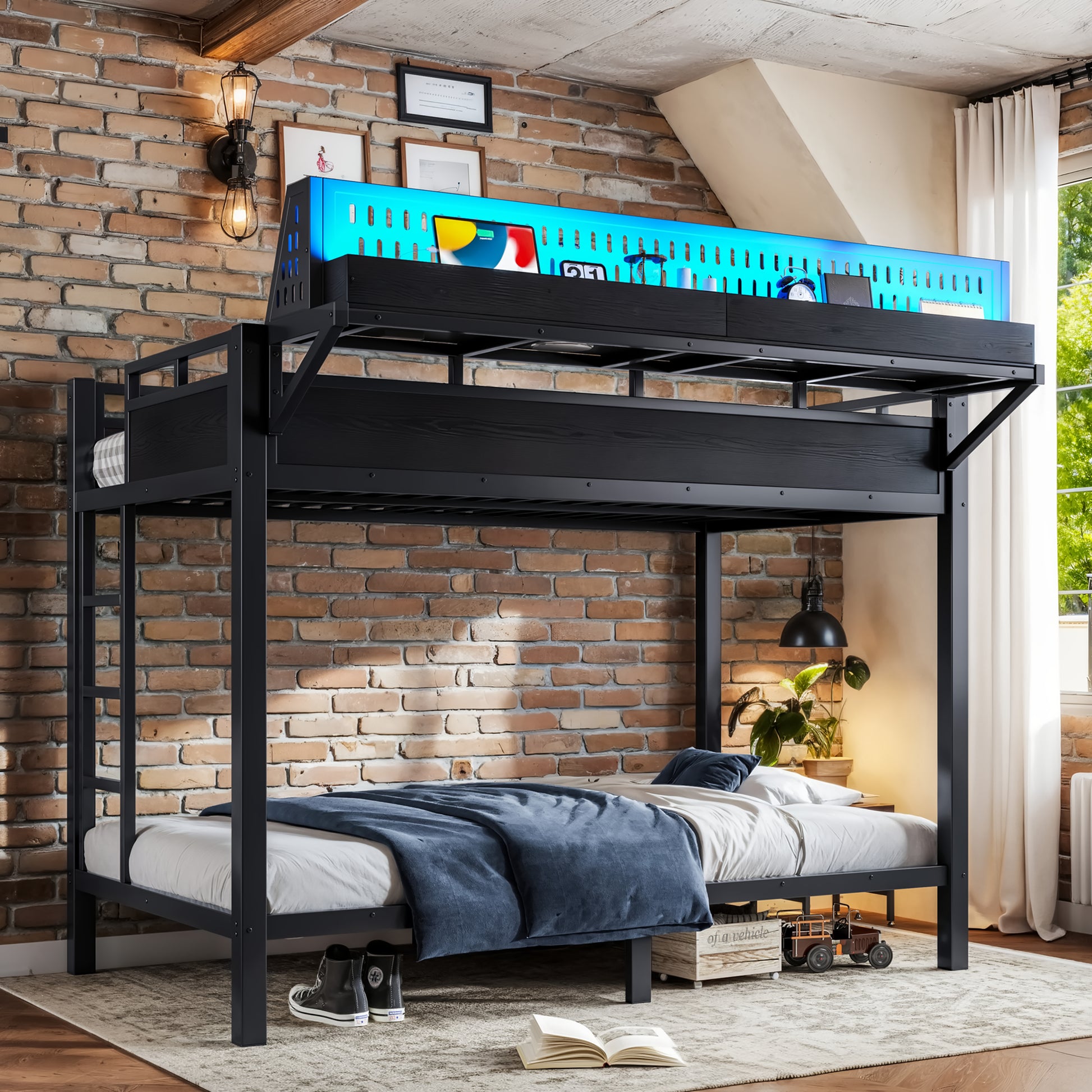Twin XL over Twin XL Size Metal Bunk Bed with Storage Shelves and Pegboard, Bunk Bed Frame with USB Ports and LED Lights, Space-Saving, for Teens and Adults, Black image 3