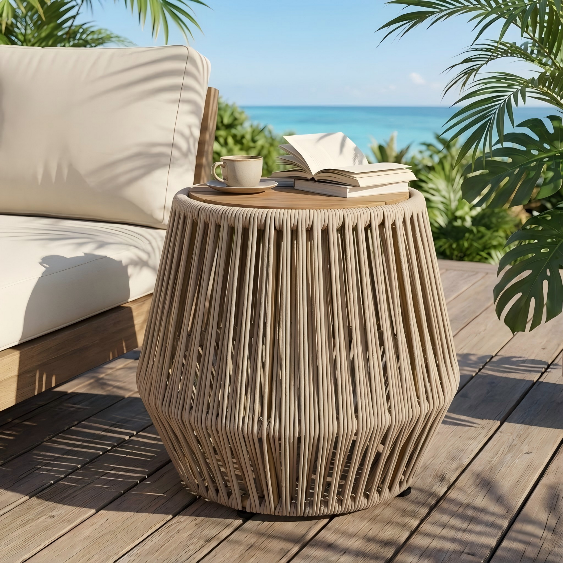 Acacia Wood Side Table with Beige Rope Base - Light Teak Finish, Modern Coastal Accent for Patio, Garden, Balcony & Indoor Use image 1