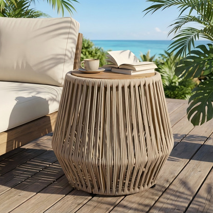 Acacia Wood Side Table with Beige Rope Base - Light Teak Finish, Modern Coastal Accent for Patio, Garden, Balcony & Indoor Use image 1