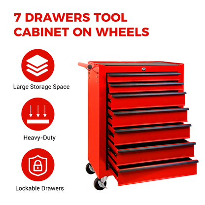 Rolling Metal Tool Chest with 7 Drawers, 20" 7-Drawer Tool Chest Cabinet with Ball Bearing Drawer Slides, Steel Tool Storage Box Organizer -RED image 5