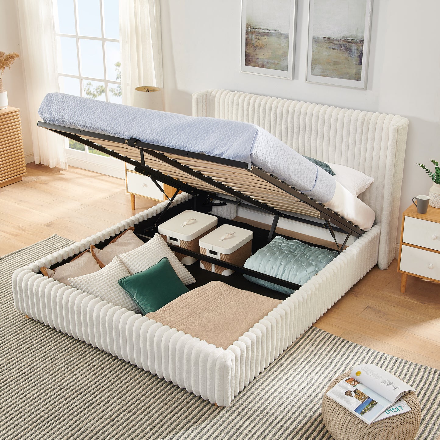 Queen Functional Vertical Striped Bed with Gas Lift Storage, Luxury Fluffy Rabbit Fur Fabric Up-holstered Double Bed image 4