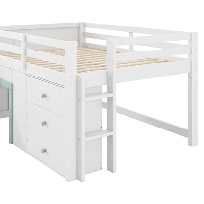 Full Size Low Loft Bed with Slide,Three Storage Drawers and Two Doors,White image 11