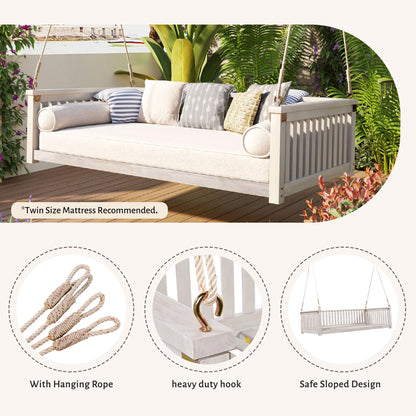 TOPMAX Patio Minimalist Twin Size Garden Swing Bed Wood Porch Swing with Ropes for Backyard, Safe Sloped Design, White image 6