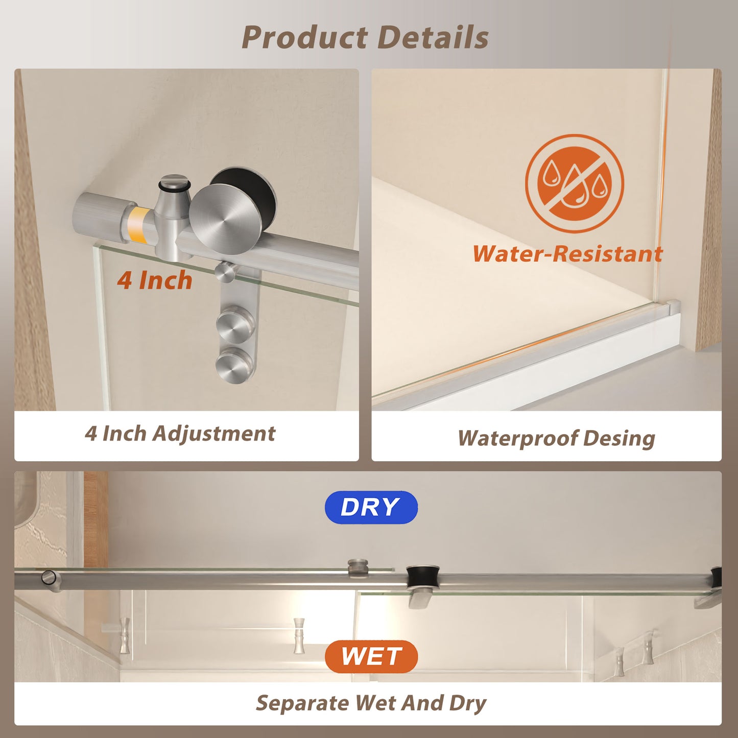 50-54" x 76" H Frameless Sliding Shower Door, 5/16" (8mm) Clear Tempered Glass, Stainless Steel Frame,Brushed Nickel image 8