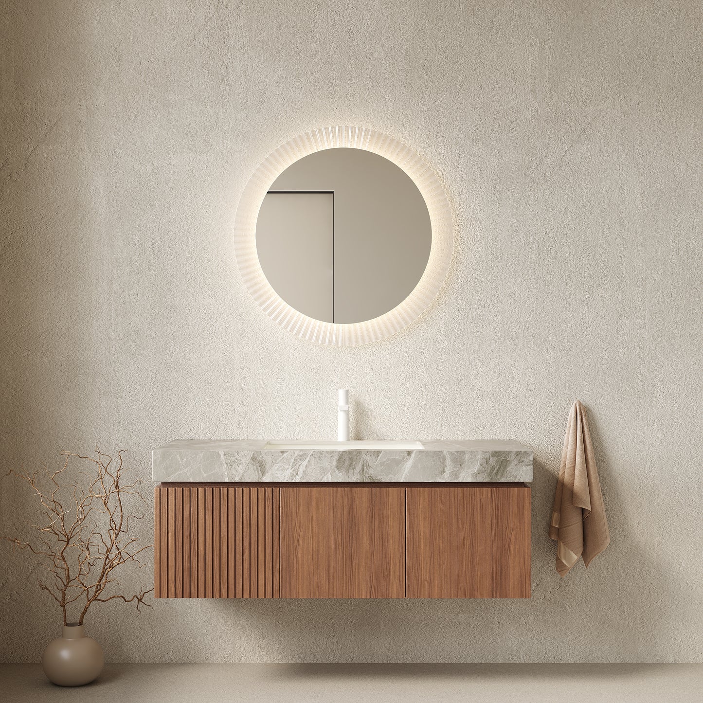 MURI 48" Bathroom Vanity&Sink, Floating Plywood Storage Cabinet with Drawer&Doors, Light Gray Sintered Stone Top&Ceramic Basin with 1 Pre-drilled Faucet Hole, Pre-assembled, Brown Oak Woodgrain Color image 1
