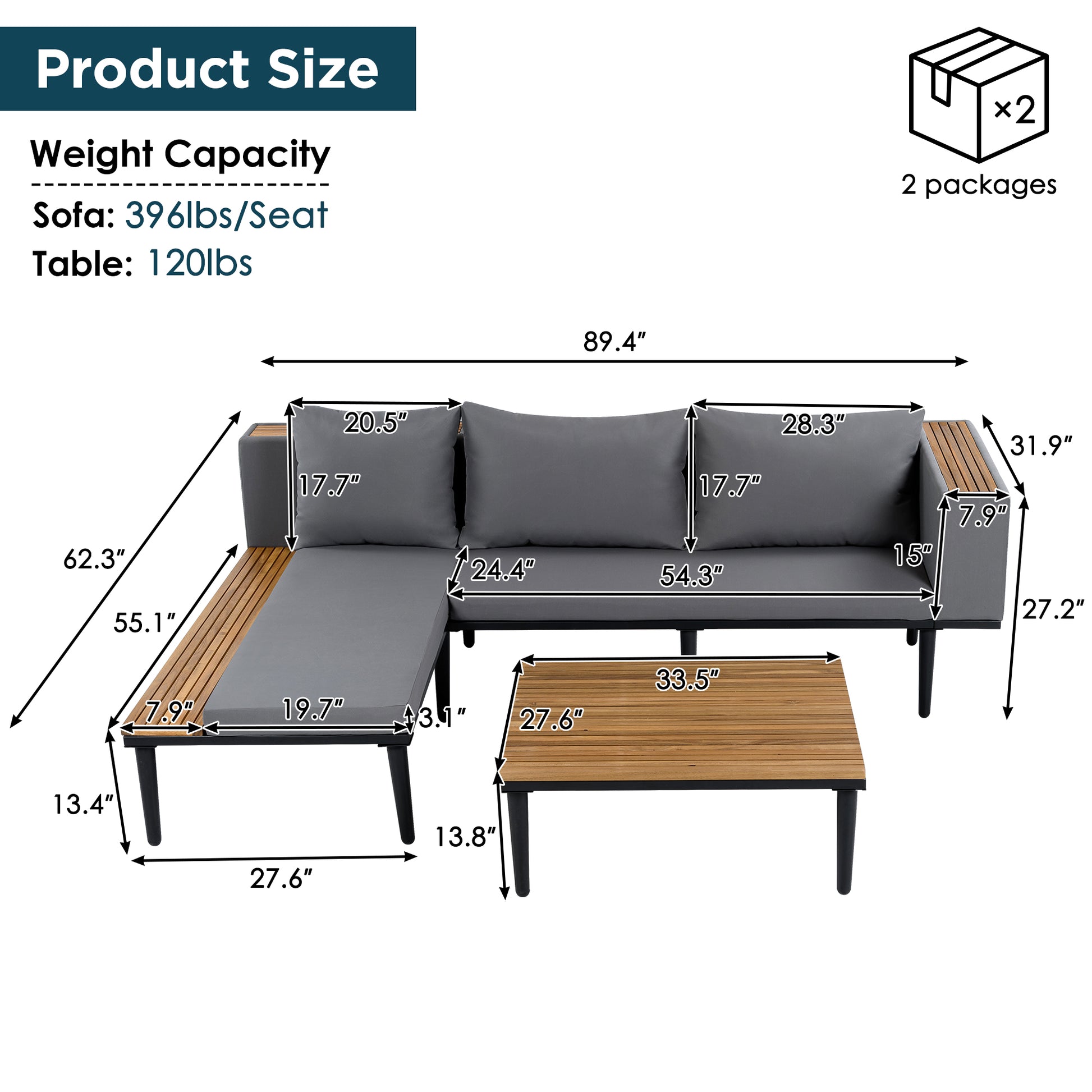<Old SKU: N704G201251E> Luxury Patio Furniture Set with Removable Cushions and Coffee Table, L-Shaped Acacia Wood Sofa with Side table, Outdoor Conversation Sectional Sofa for Backyard, Porch, Gray image 5