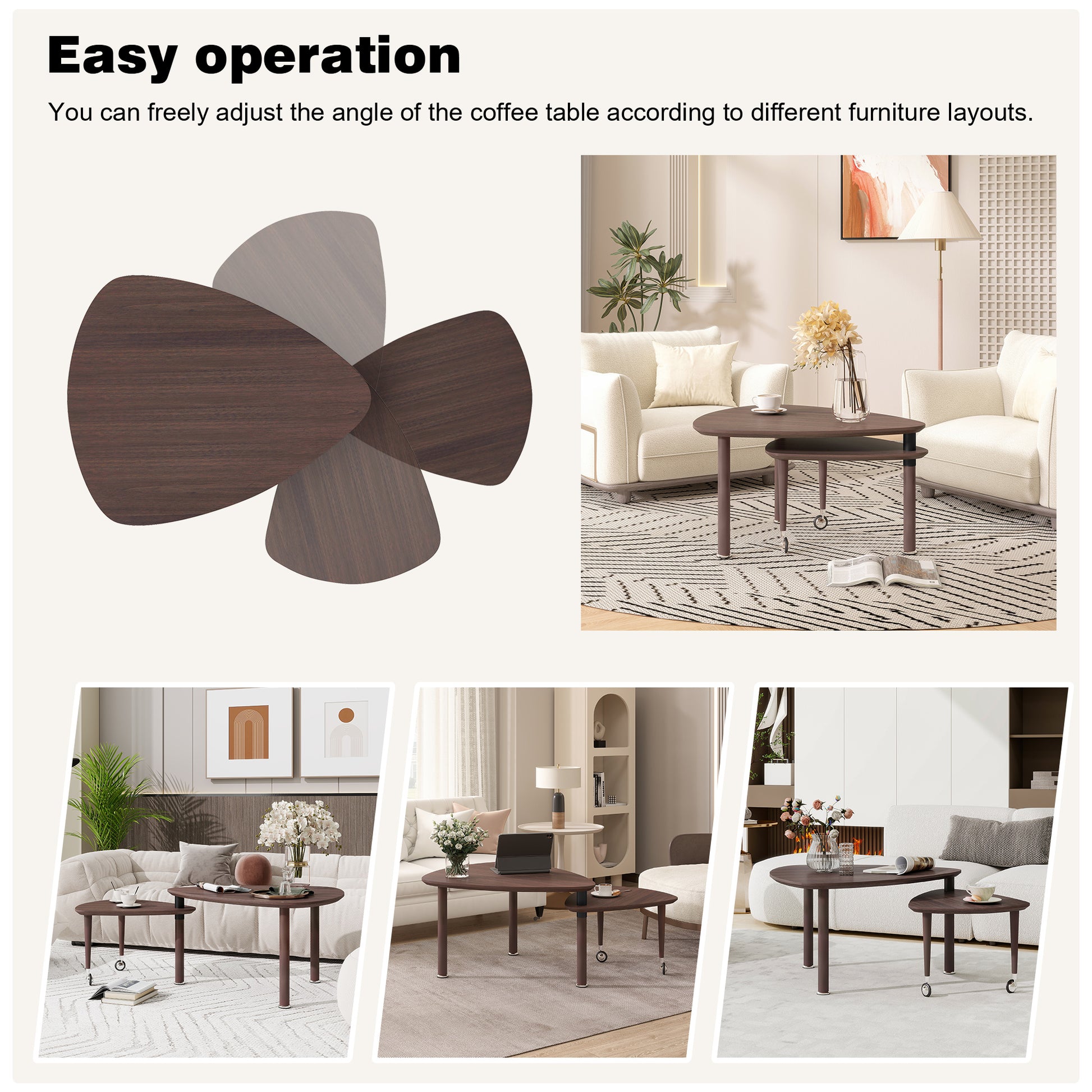 360 degree Rotatable modern Coffee Table for Living Room, solid wood legs with simply assemble Cocktail Table, Rotating Modern Apartment Wood Furniture Walnut / Black / Grey Brown / White image 10