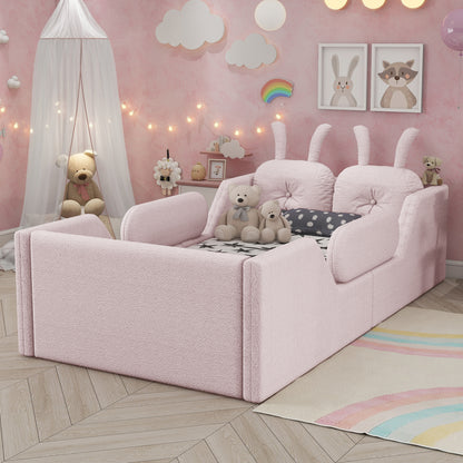 Twin Size Upholstered Platform Bed with Rabbit Cushion, Kids Floor Upholstered Bed with Removable Side Rails, Pink(Old SKUW2593P395807 Expect Arrival Date 2026/7/14) image 1