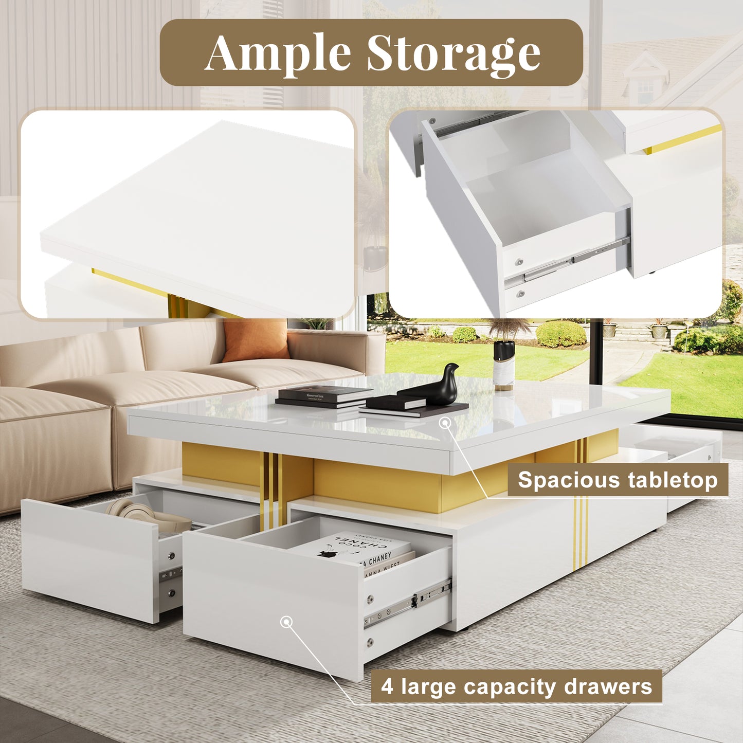 Modern Glossy Square Storage Coffee Table with 4 Drawers, 43.3", White image 10