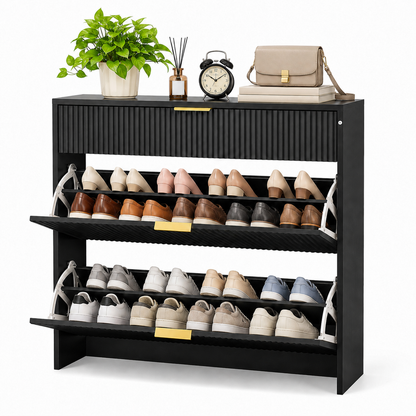 Narrow Fluted Shoe Storage Cabinet for Entryway, Freestanding Drawer Shoe Rack with Gold Pull Handles, Modern Slim Shoe Organizer Cabinet for Hallway Bedroom Closet, Black image 3