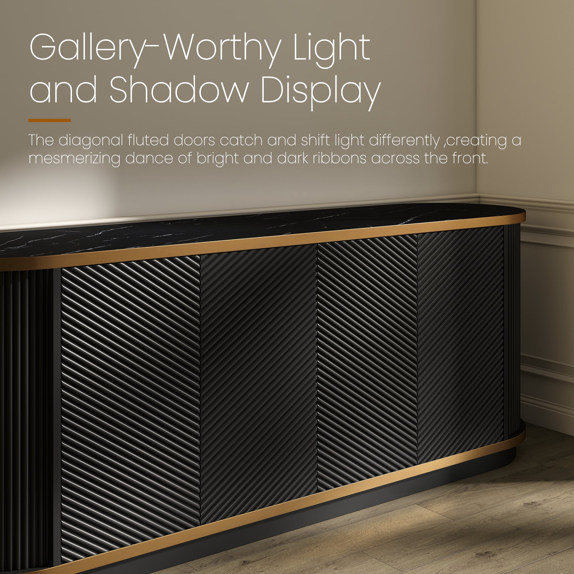 63" Diagonal Fluted Sideboard Cabinet with Storage, 4-Door Buffet Credenza TV Stand with Gold Trim, Black Faux Marble-Top Console Table, Modern Storage Cabinet for Dining Room, Living Room, Black image 7