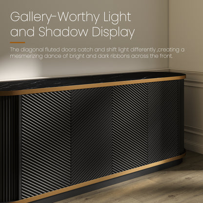63" Diagonal Fluted Sideboard Cabinet with Storage, 4-Door Buffet Credenza TV Stand with Gold Trim, Black Faux Marble-Top Console Table, Modern Storage Cabinet for Dining Room, Living Room, Black image 7