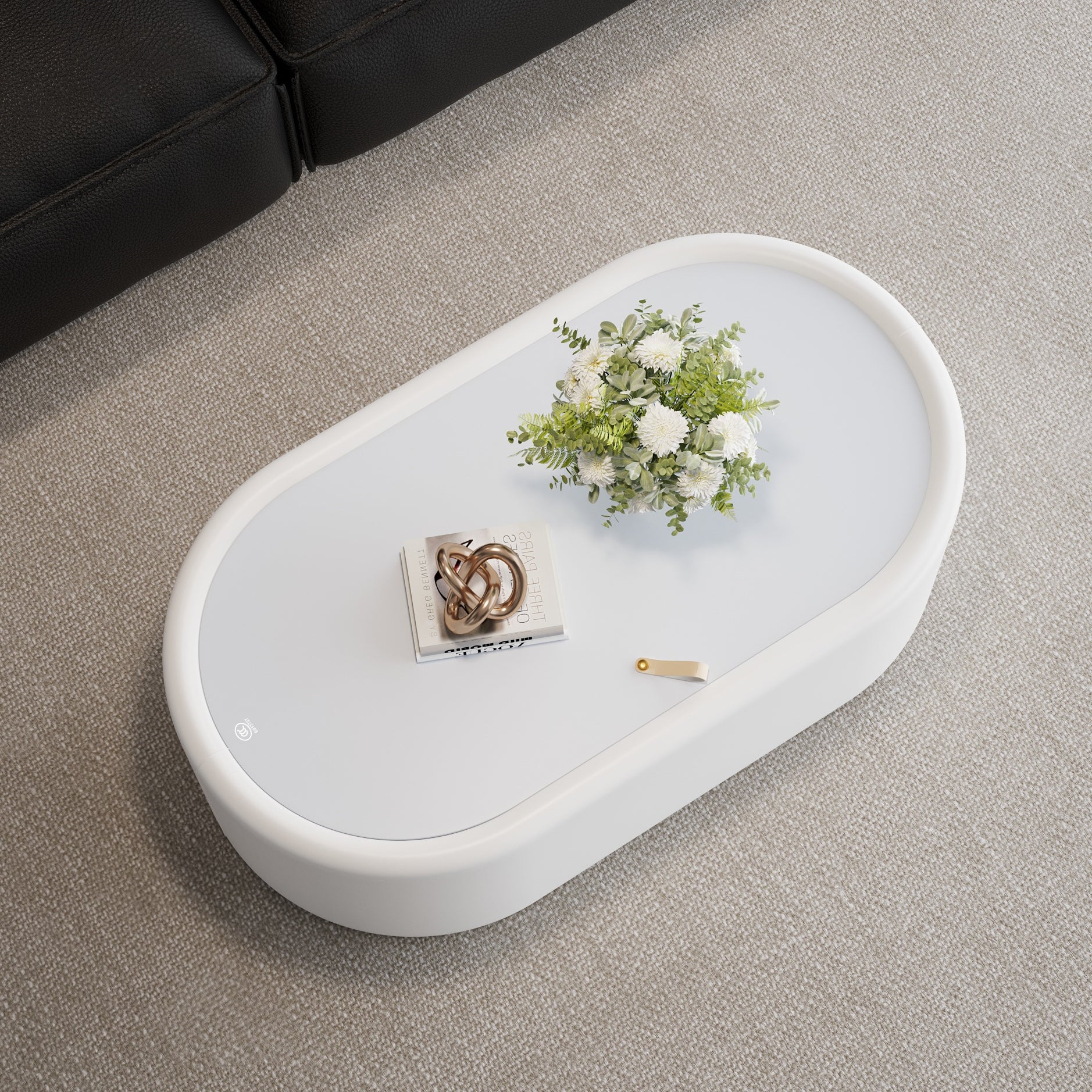 33.46" Oval Hidden Storage Coffee Table - 3C Certified Tempered Glass Top & Premium Leather Upholstered, Modern White Storage Coffee Table for Living Room image 3