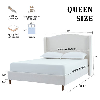 Hannah Upholstered Wingback Bed Size Queen / Tall 54" Headboard Upholstered Queen Bed / Premium Textured Canvas Chenille Look Ivory / Minimalist Designs / No Box Spring Needed / Easy Assembly / Queen image 12