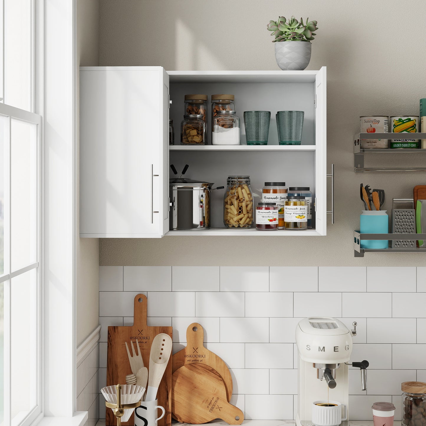 L Shape Wall Mounted Kitchen Sideboard Cabinet with 2 Door, 3 Layers Shelves, Storage Buffet Cabinet for Bathroom, Dining Rooms image 3