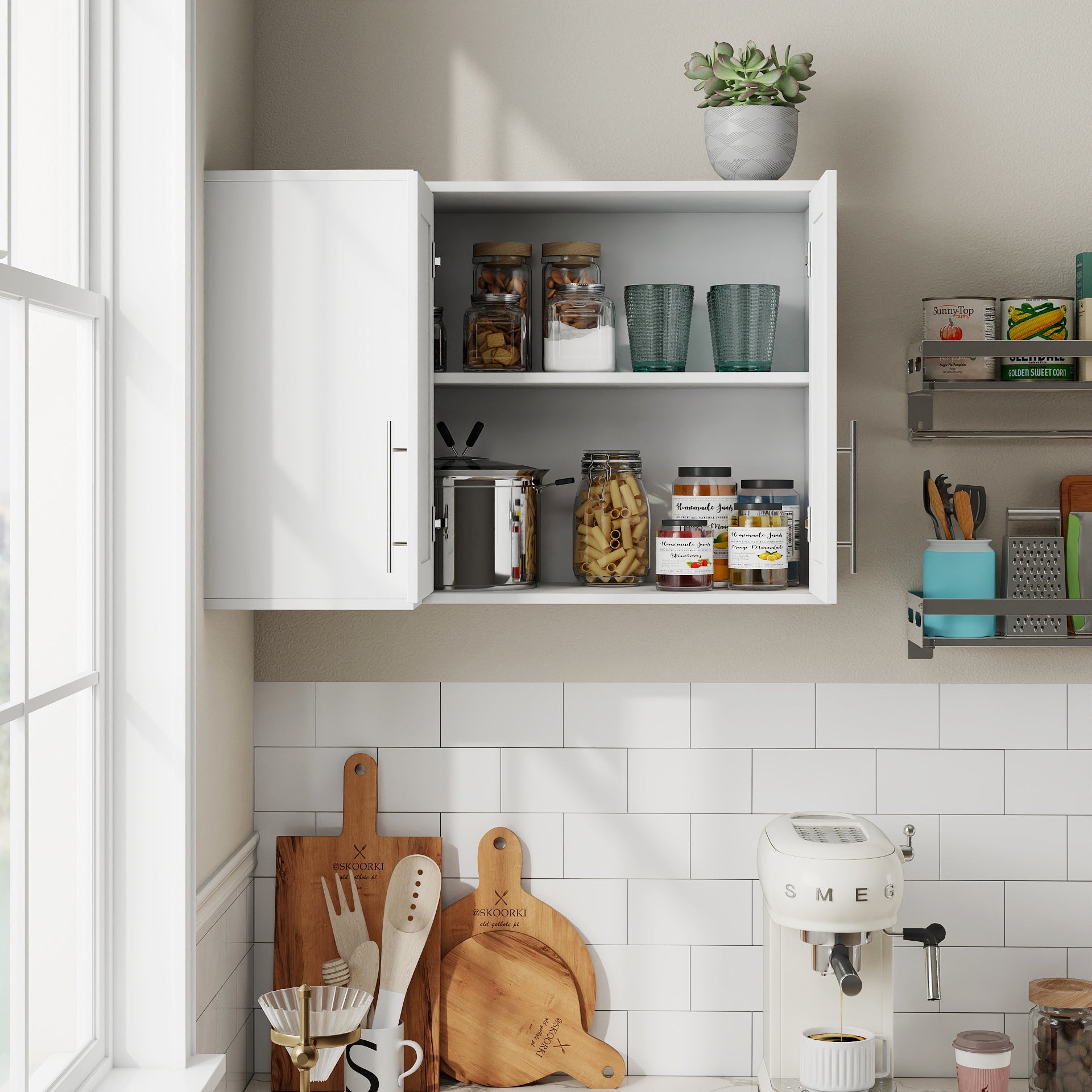 L Shape Wall Mounted Kitchen Sideboard Cabinet with 2 Door, 3 Layers Shelves, Storage Buffet Cabinet for Bathroom, Dining Rooms image 3