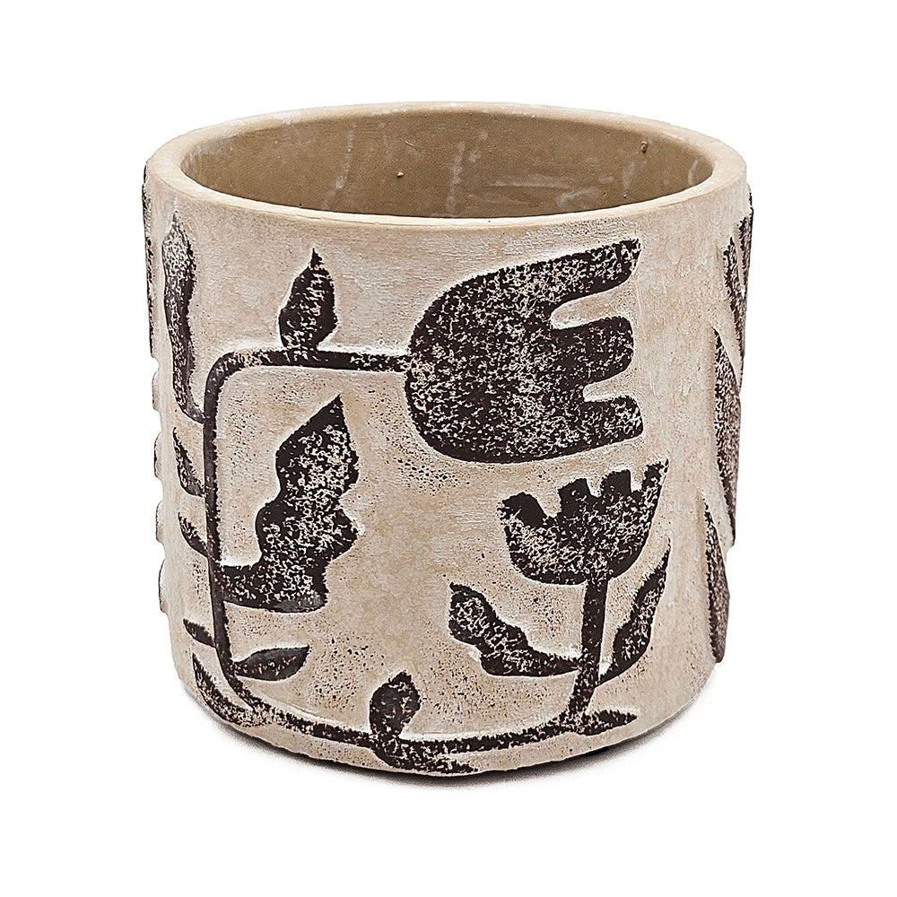 Set of 4 4.3x4.3x4" Gray Sand and Cement Planters with Brown Botanical Motifs image 7