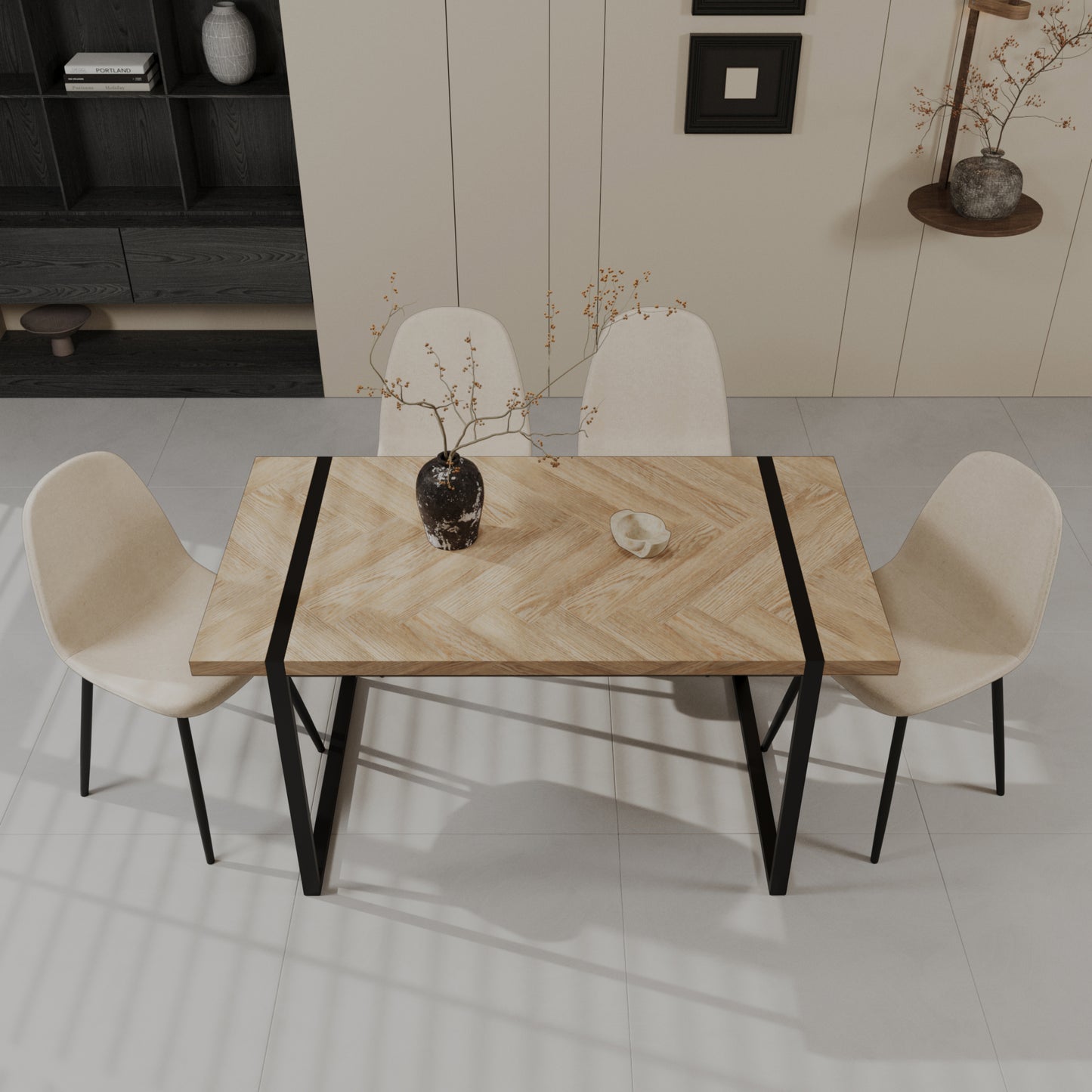 59" MDF light wood dining table and modern dining chair set of 4 pieces, medieval wooden kitchen dining table set, black rectangular metal base, dining table and suede chair set image 1