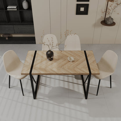 59" MDF light wood dining table and modern dining chair set of 4 pieces, medieval wooden kitchen dining table set, black rectangular metal base, dining table and suede chair set image 1