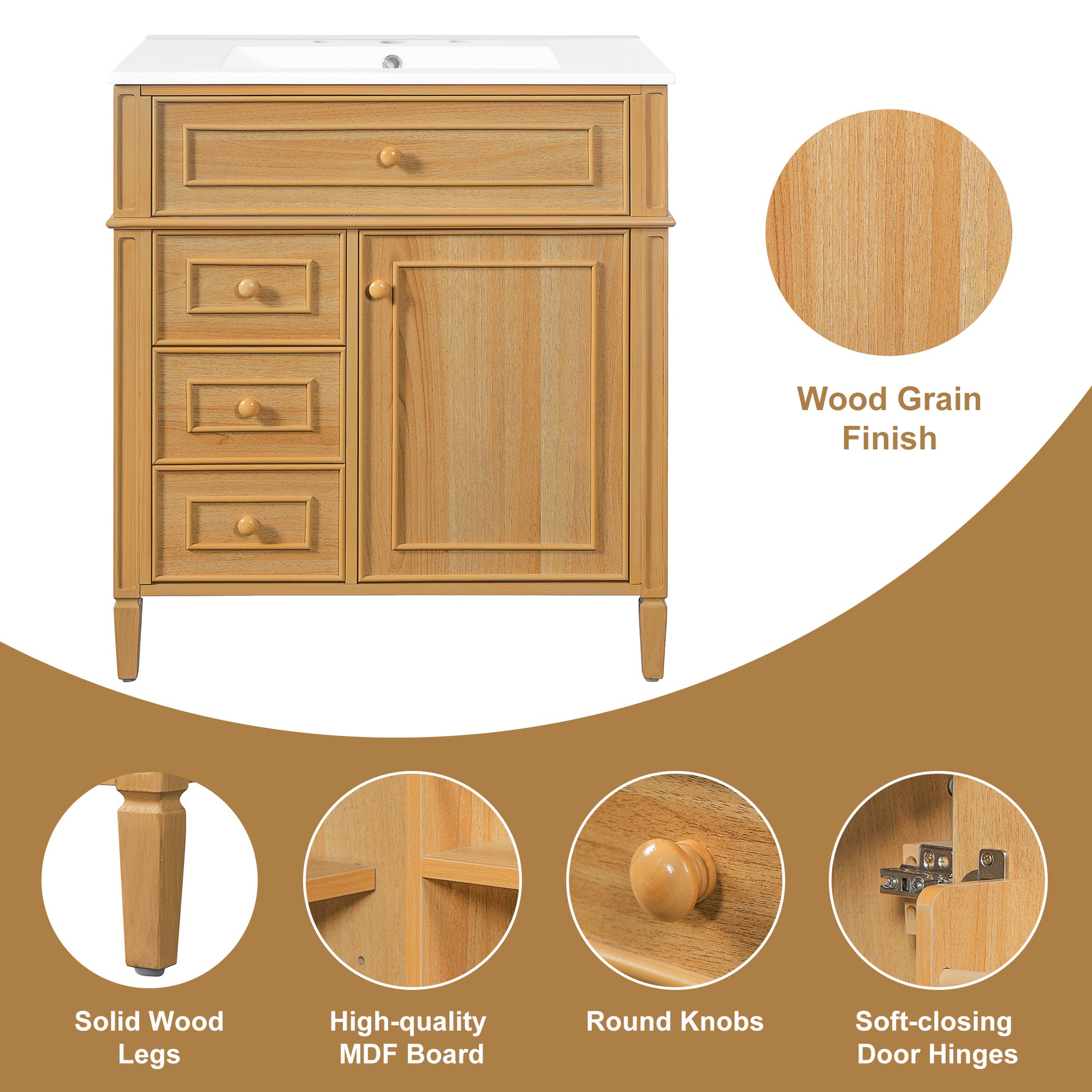 30" Bathroom Vanity with Sink, Wood Vanity Cabinet with Flip-Out Drawer, 2 Soft-Close Drawers, 1 Soft-Close Door, Solid Wood & MDF, Elegant Wood Handles image 5