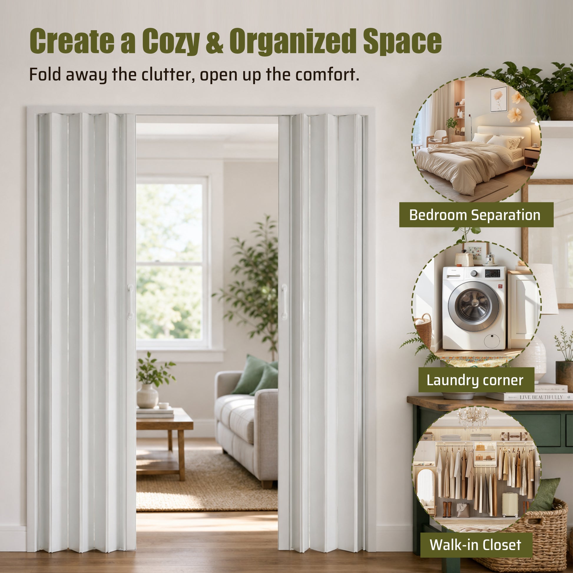 59"x77" PVC Accordion Folding Door, Double-Opening Heavy Duty Room Divider with Quiet Rollers & Dual Handles, Waterproof & Warp-Resistant – For Closet, Bedroom, Laundry image 7