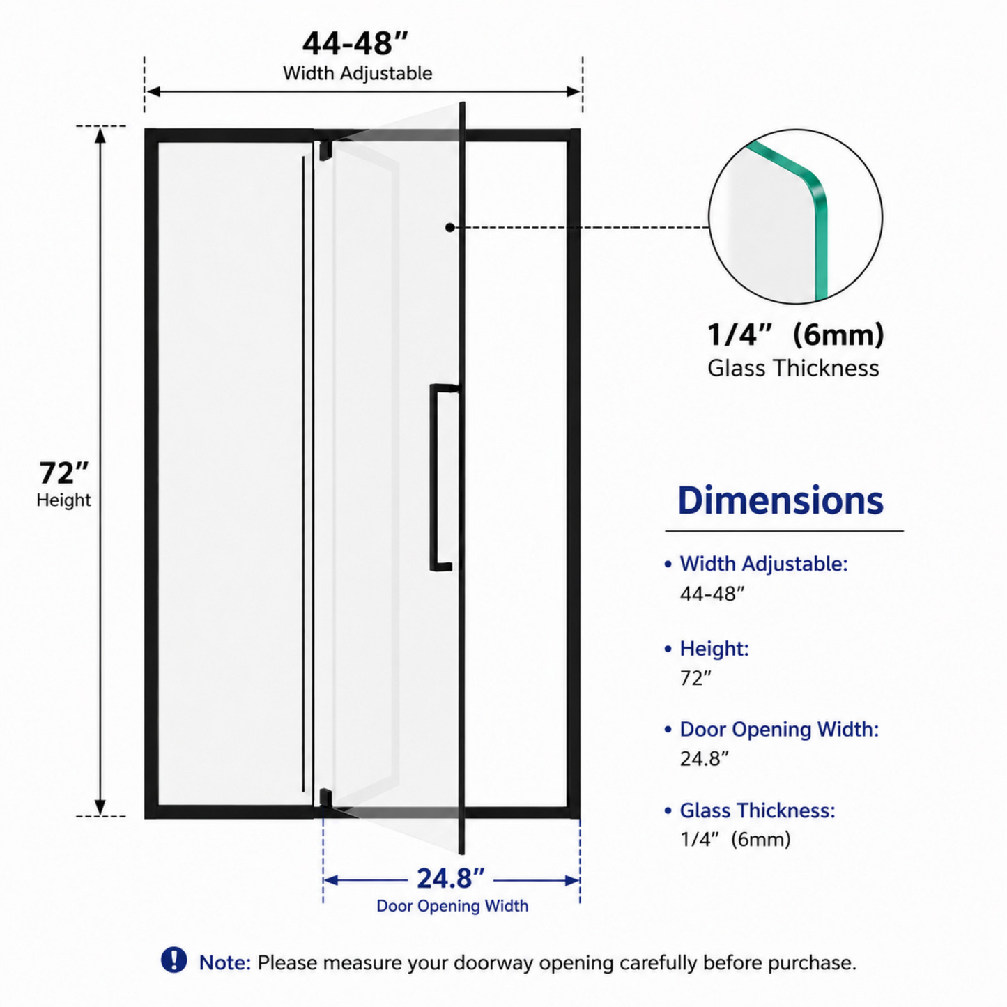 Semi-Frameless Pivot Hinged Glass Shower Door 44-48 in. W x 72 in. H,1/4" (6mm) Tempered Glass, Matte Black Finish, Reversible Glass Shower Door image 2
