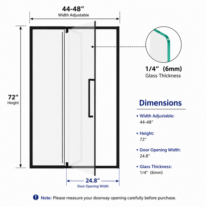 Semi-Frameless Pivot Hinged Glass Shower Door 44-48 in. W x 72 in. H,1/4" (6mm) Tempered Glass, Matte Black Finish, Reversible Glass Shower Door image 2