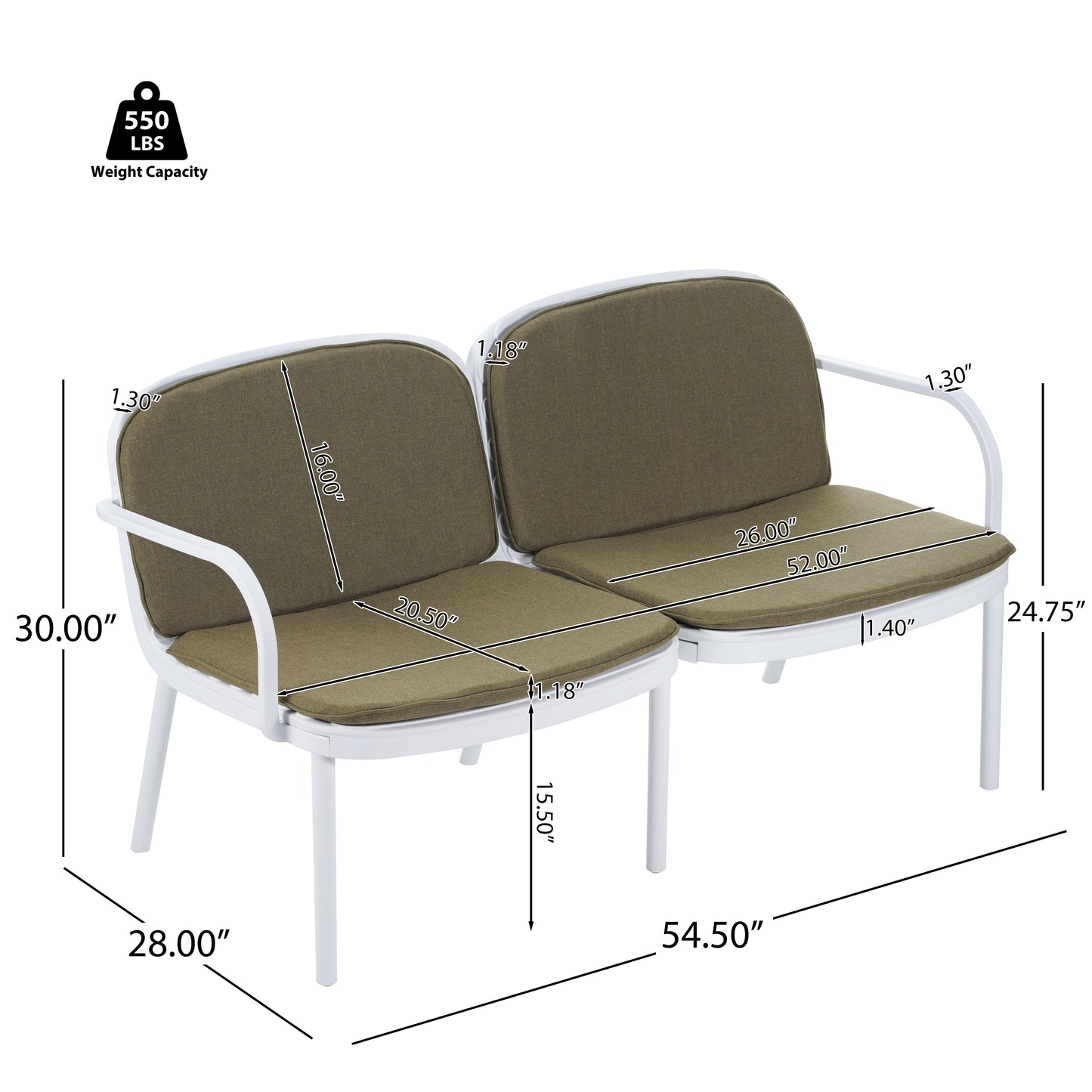 Luna Outdoor Patio PP Loveseat, White Frame with Green Cushion image 11