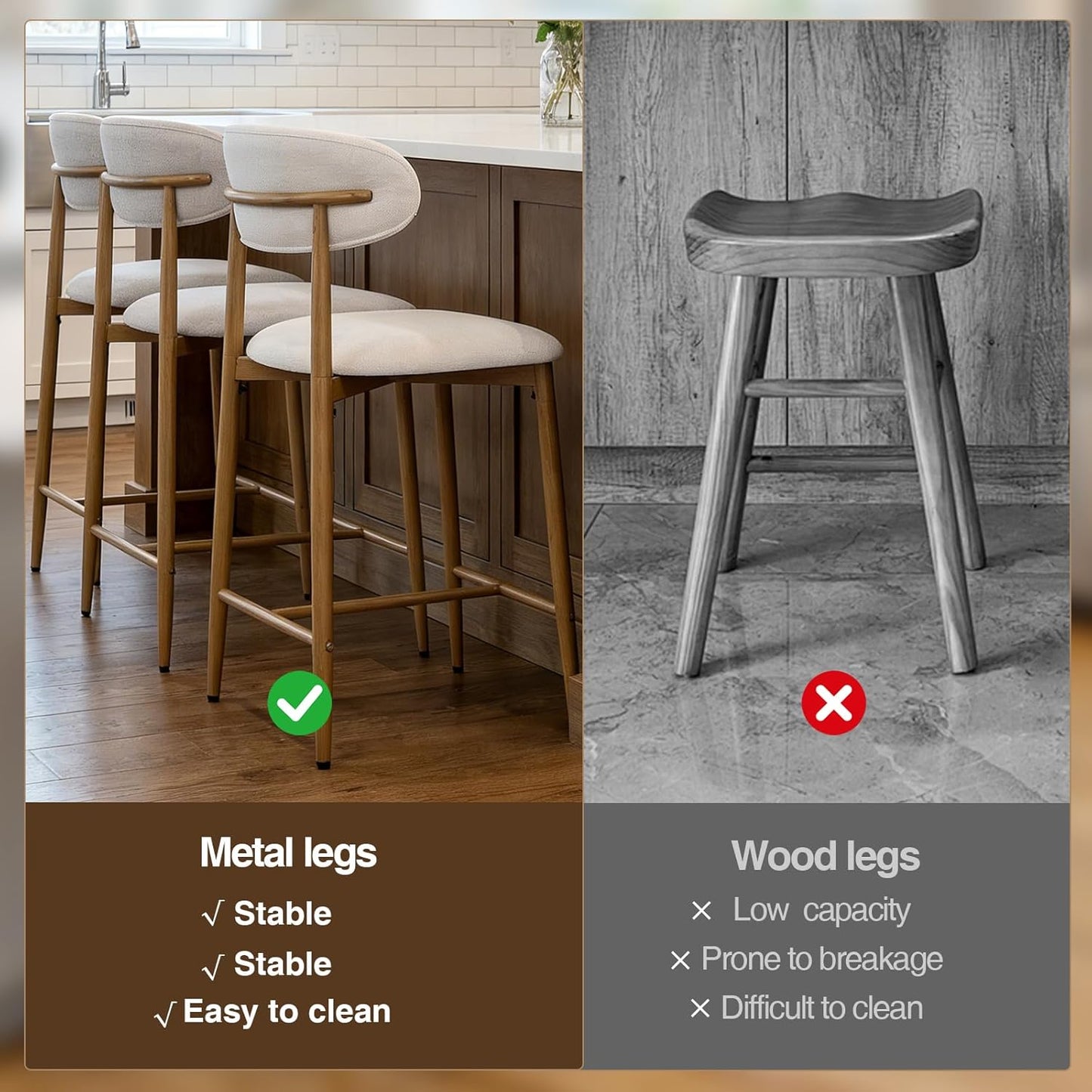 Counter Height Bar Stools Set of 2, Upholstered Counter Stools Modern Barstools with Metal Legs for Kitchen Island Dining Room, Beige image 11