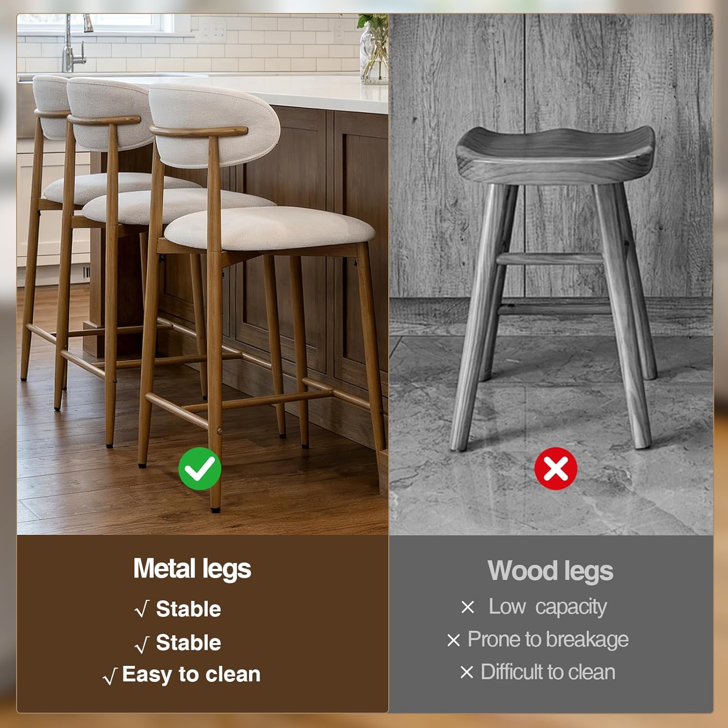 Counter Height Bar Stools Set of 2, Upholstered Counter Stools Modern Barstools with Metal Legs for Kitchen Island Dining Room, Beige image 11